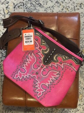 Montana West Pink Crossbody with Brown Trim & Stud Embroidery